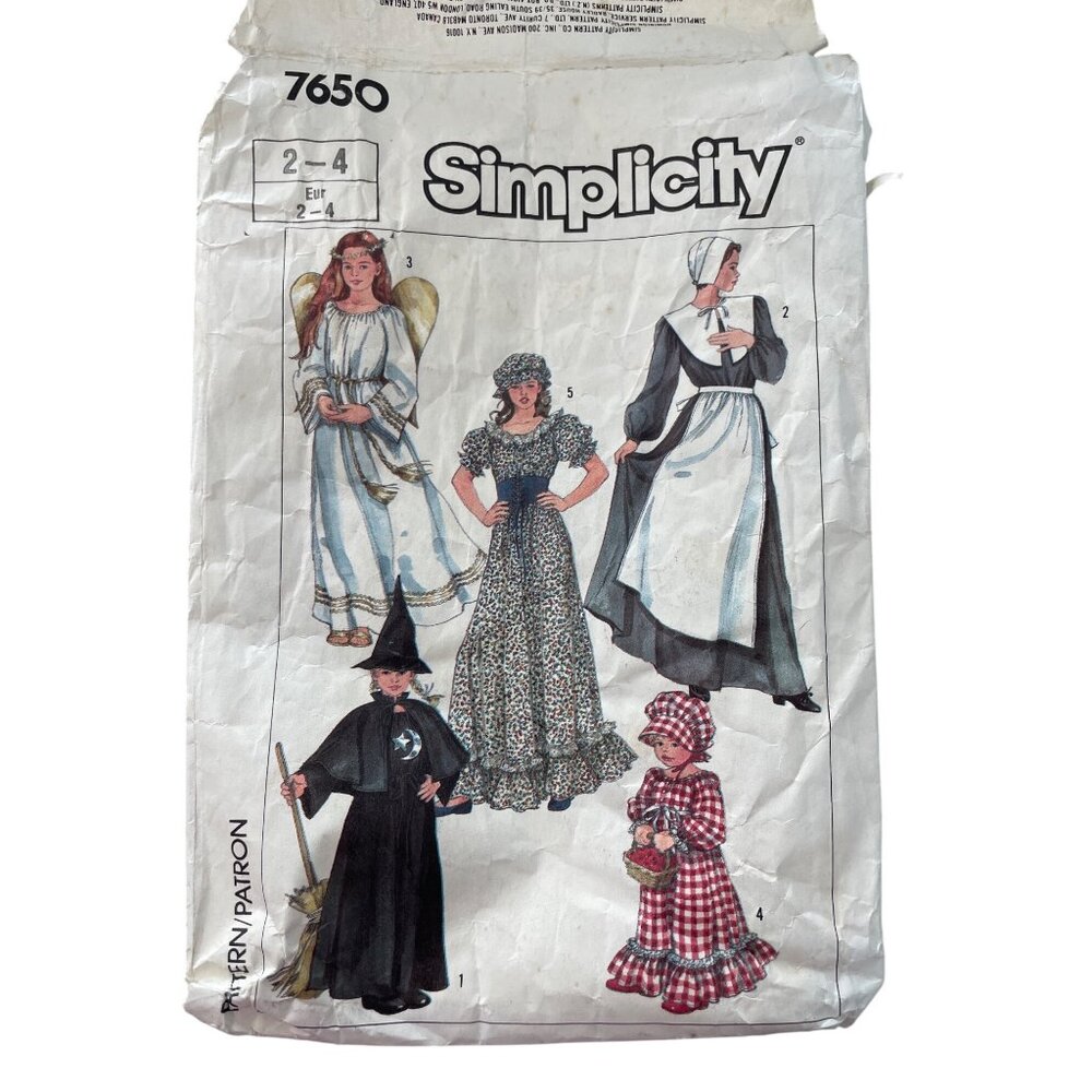 Simplicity 7650 Sewing Pattern Size 2-4 Pilgrim Costume Angel Witch Prairie CUT